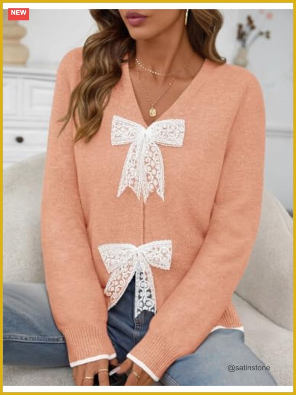 Chunky Knit Tie Front Bow Cardigan Sweater V-Neck Long Sleeve Women's Fall - Picture 2 of 6